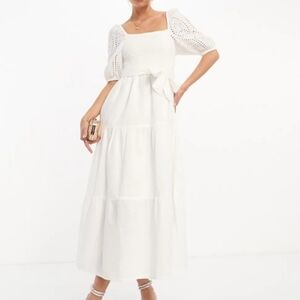 Lipsy London Broderie Sleeve Square Neck Belted Midi Dress In White
